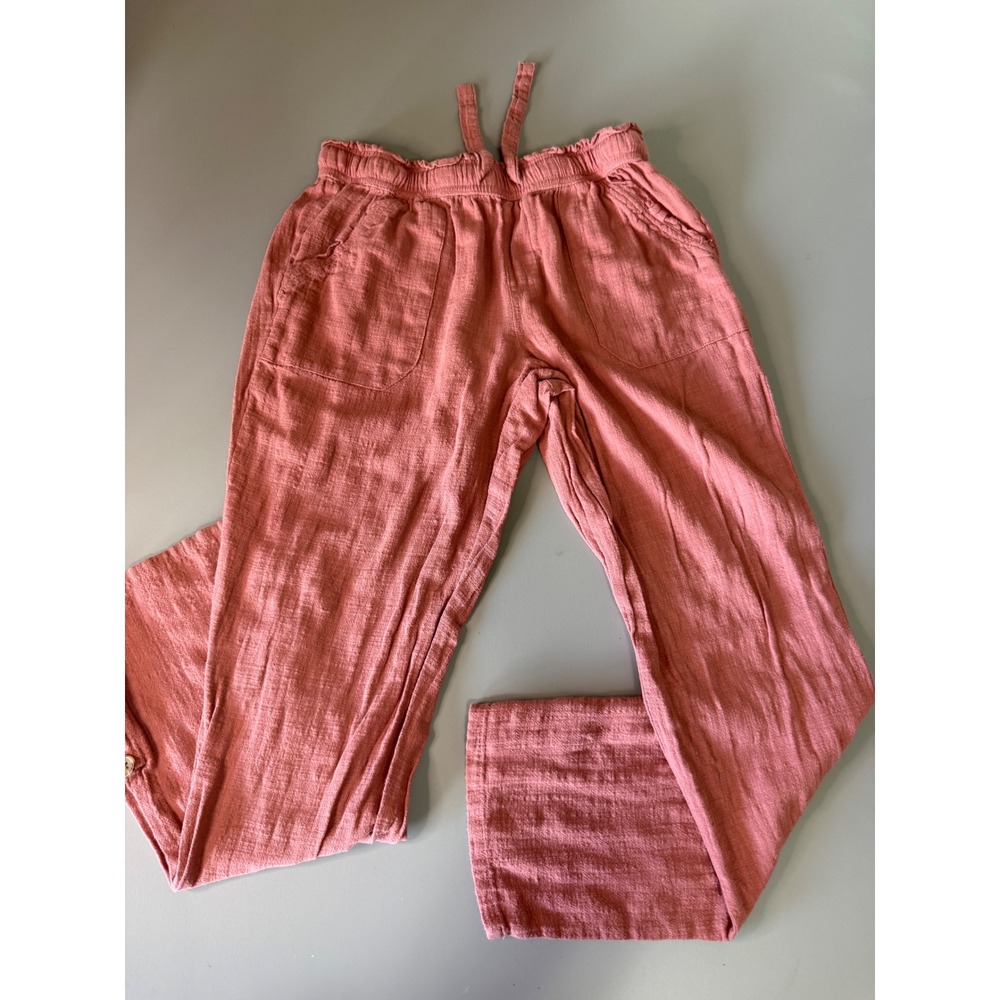 SO Women Pink Cotton Gauze Relaxed Straight Leg Pants Elastic Waist Large